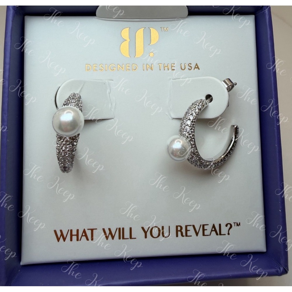 Bomb Party June Earrings ER85107 Simply Cherished Ceramic Pearl Rhodium Hoop